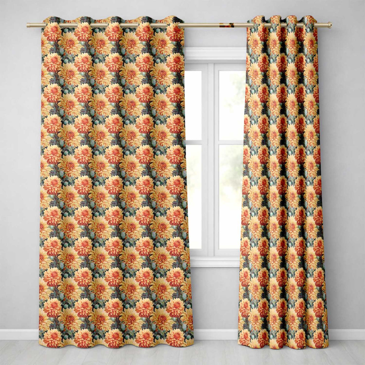 Warm Autumn Dahlia Flowers Vintage Botanical Seamless Pattern Readymade Eyelet Ring Top Thermal 100% Blackout Curtains