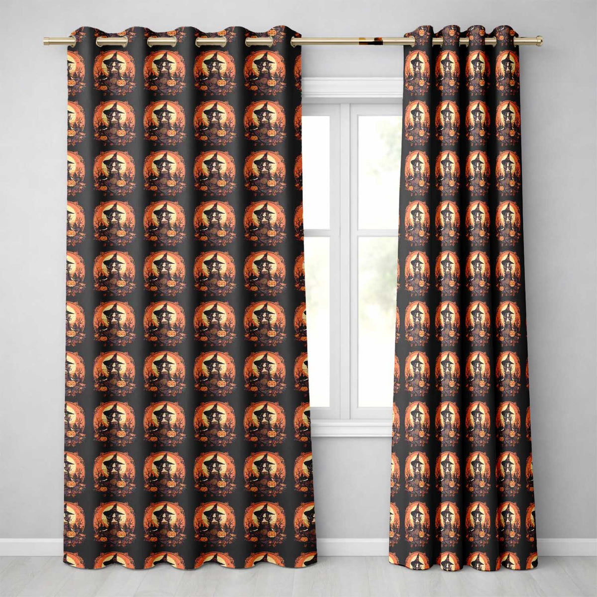 Autumn Witch Pumpkin Scene Spooky Night Seamless Pattern Readymade Eyelet Ring Top Thermal 100% Blackout Curtains