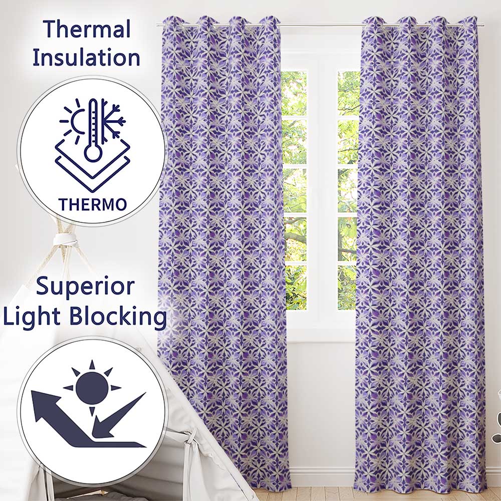Purple Geometric Floral Tile Decorative Seamless Pattern Readymade Eyelet Ring Top Thermal 100% Blackout Curtains