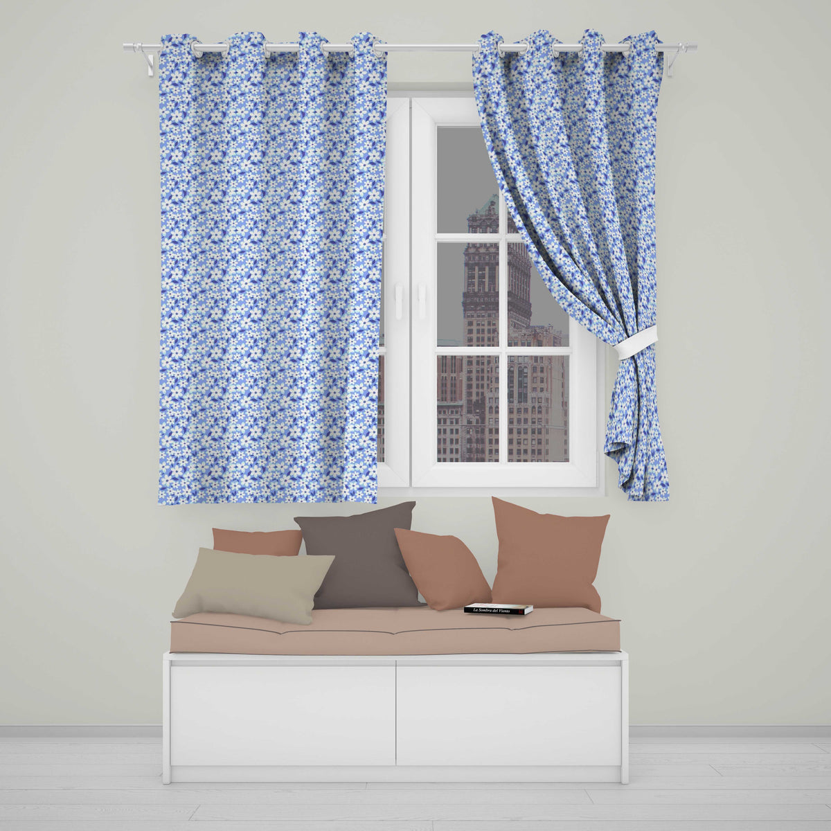 Blue White Daisy Floral Seamless Pattern Soft Botanical Background Readymade Eyelet Ring Top Thermal 100% Blackout Curtains