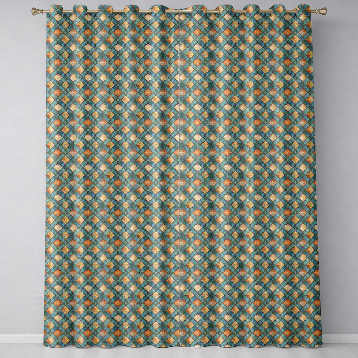 Moroccan Tile Blue Orange Geometric Seamless Pattern Ornamental Design Readymade Eyelet Ring Top Thermal 100% Blackout Curtains
