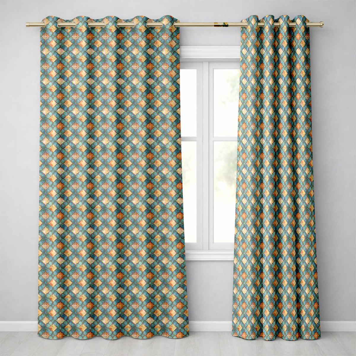 Moroccan Tile Blue Orange Geometric Seamless Pattern Ornamental Design Readymade Eyelet Ring Top Thermal 100% Blackout Curtains