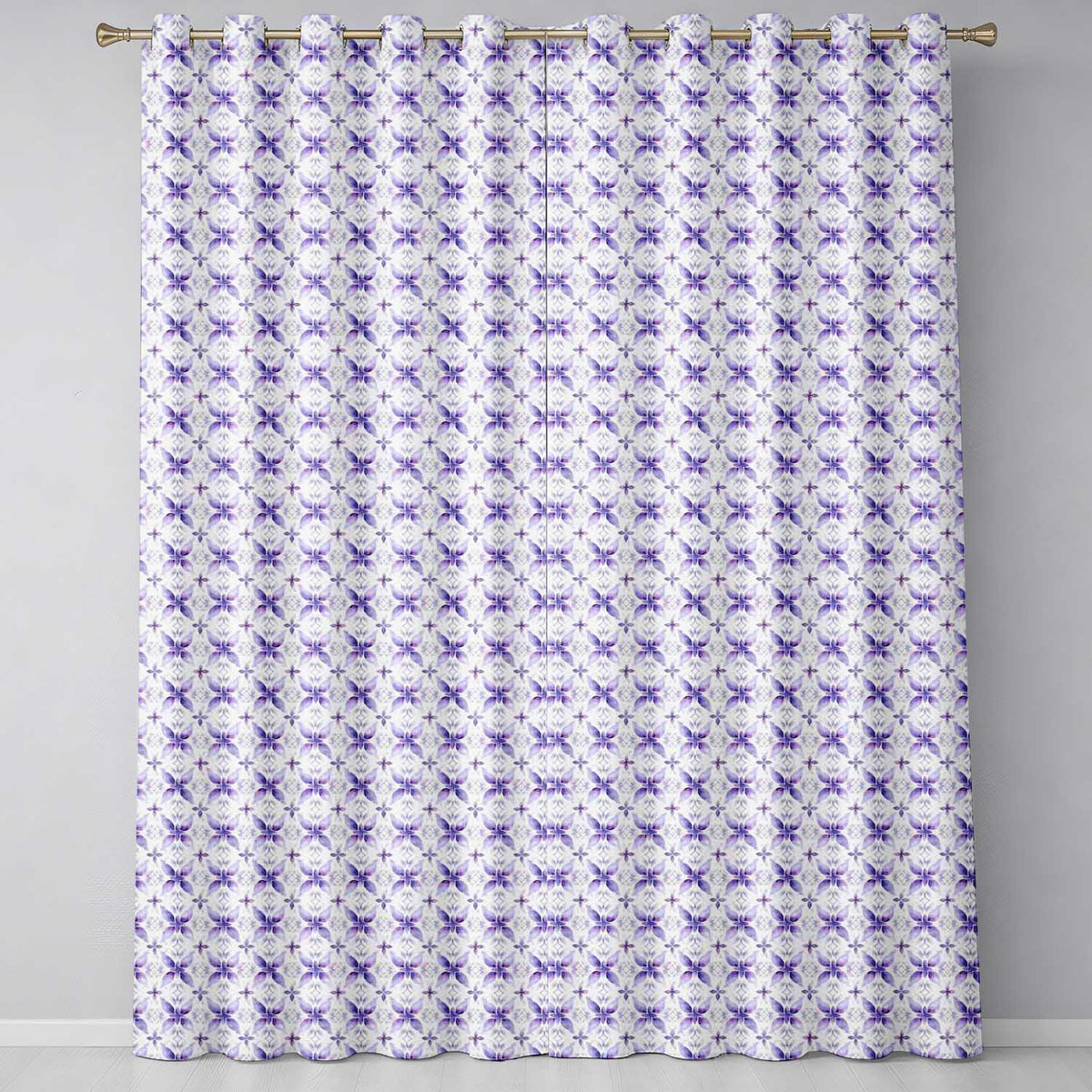 Purple Floral Tile Symmetry Seamless Pattern Elegant Geometric Botanical Readymade Eyelet Ring Top Thermal 100% Blackout Curtains