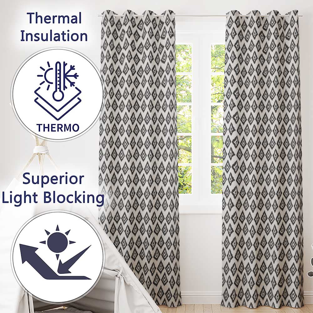 Black Tribal Diamond Ikat Seamless Pattern Ethnic Geometric Design Readymade Eyelet Ring Top Thermal 100% Blackout Curtains