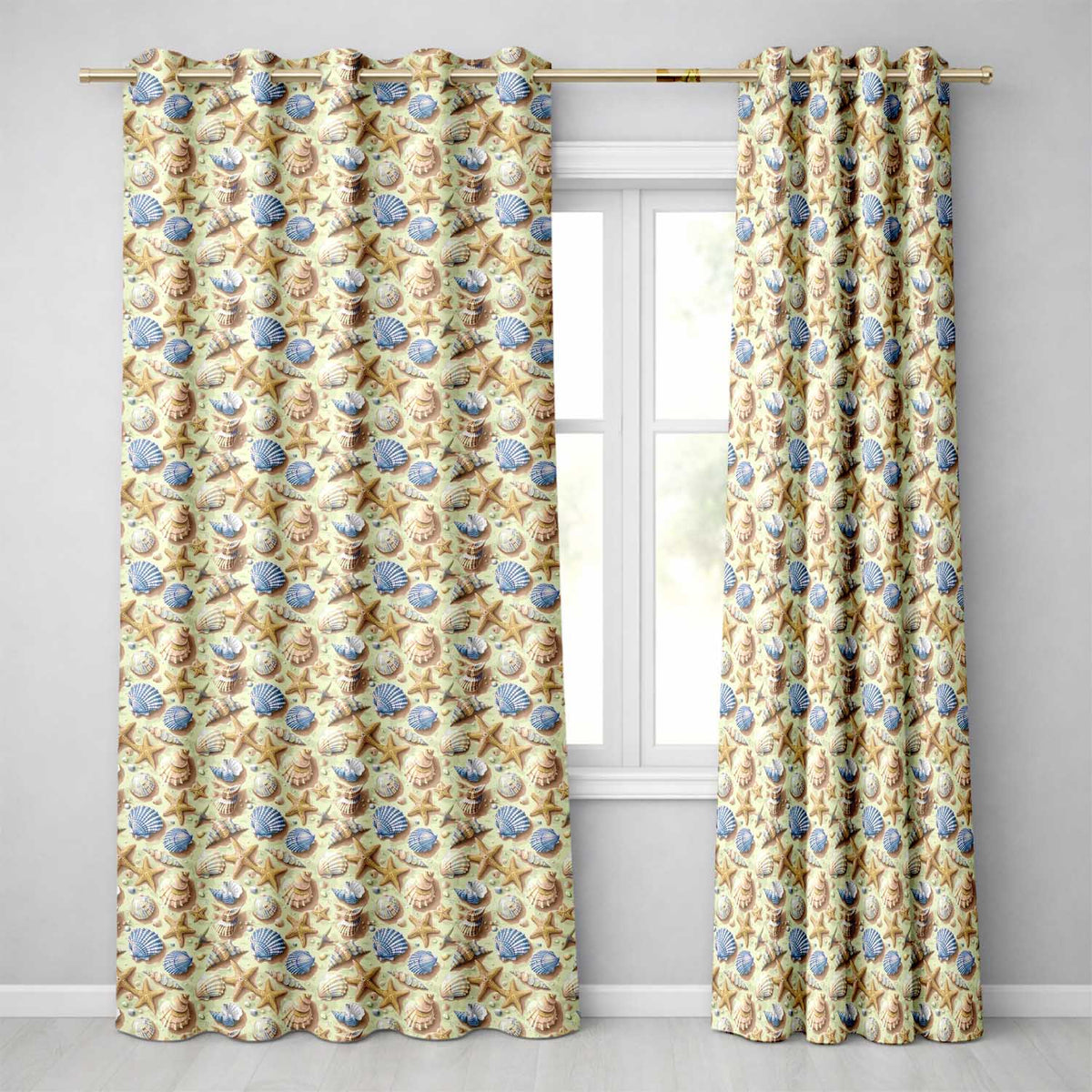 Blue Beige Seashell Starfish Sand Seamless Pattern Coastal Natural Design Readymade Eyelet Ring Top Thermal 100% Blackout Curtains