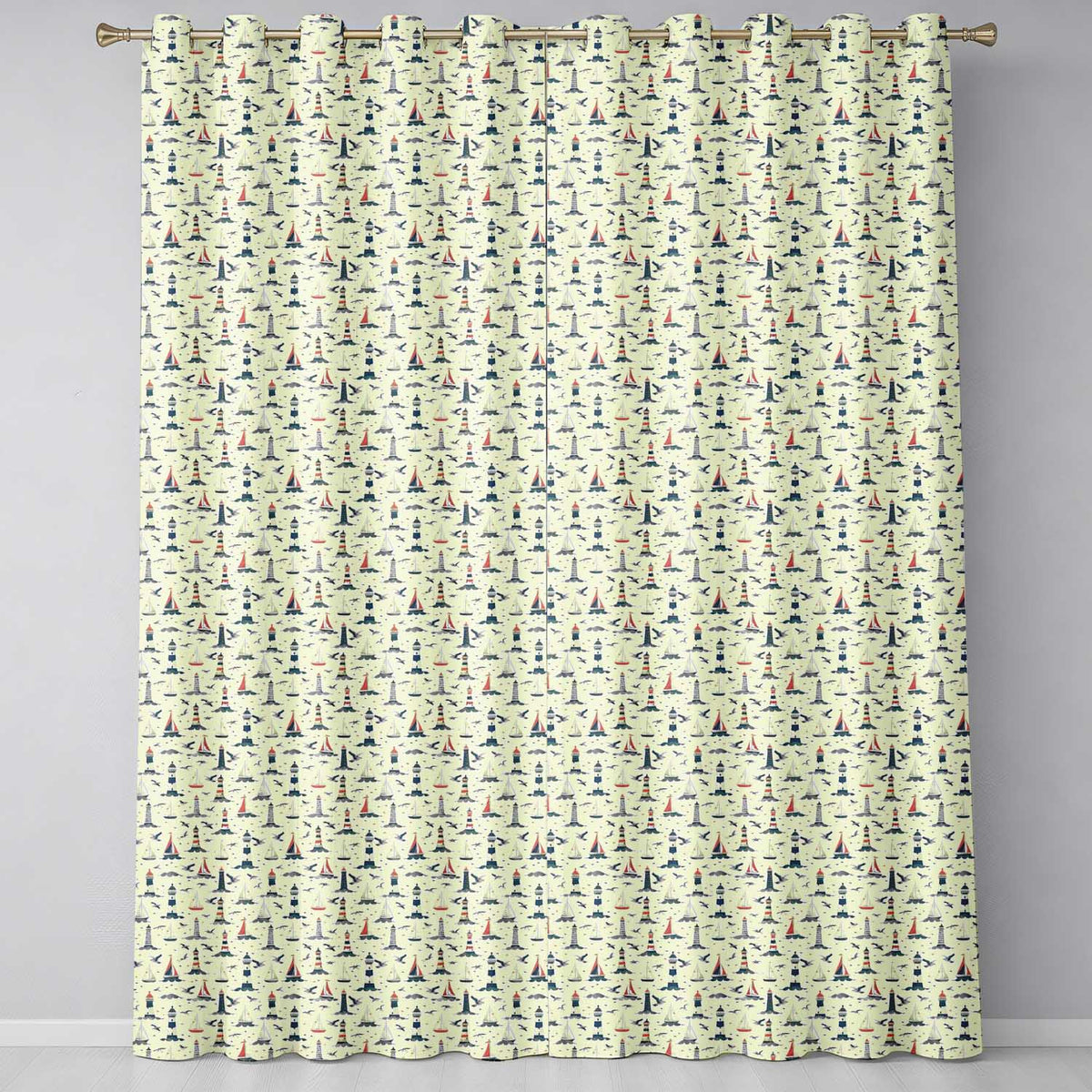 Lighthouse Sailboat Seagull Seamless Pattern Coastal Nautical Scene Readymade Eyelet Ring Top Thermal 100% Blackout Curtains