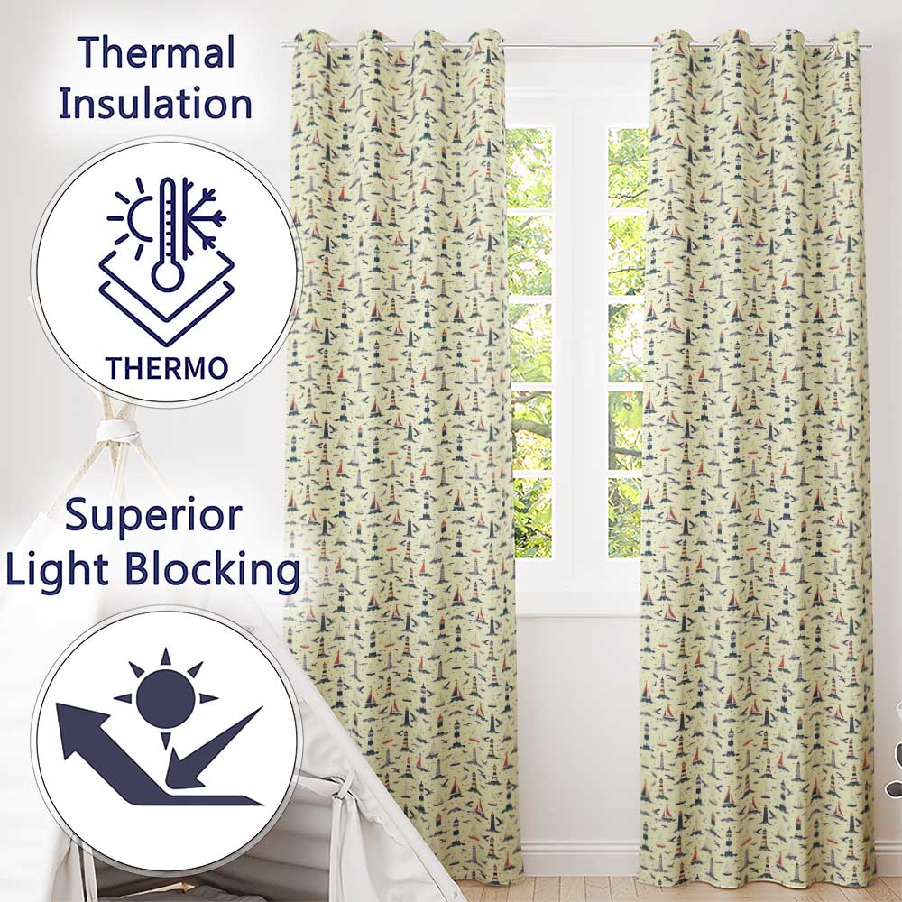 Lighthouse Sailboat Seagull Seamless Pattern Coastal Nautical Scene Readymade Eyelet Ring Top Thermal 100% Blackout Curtains