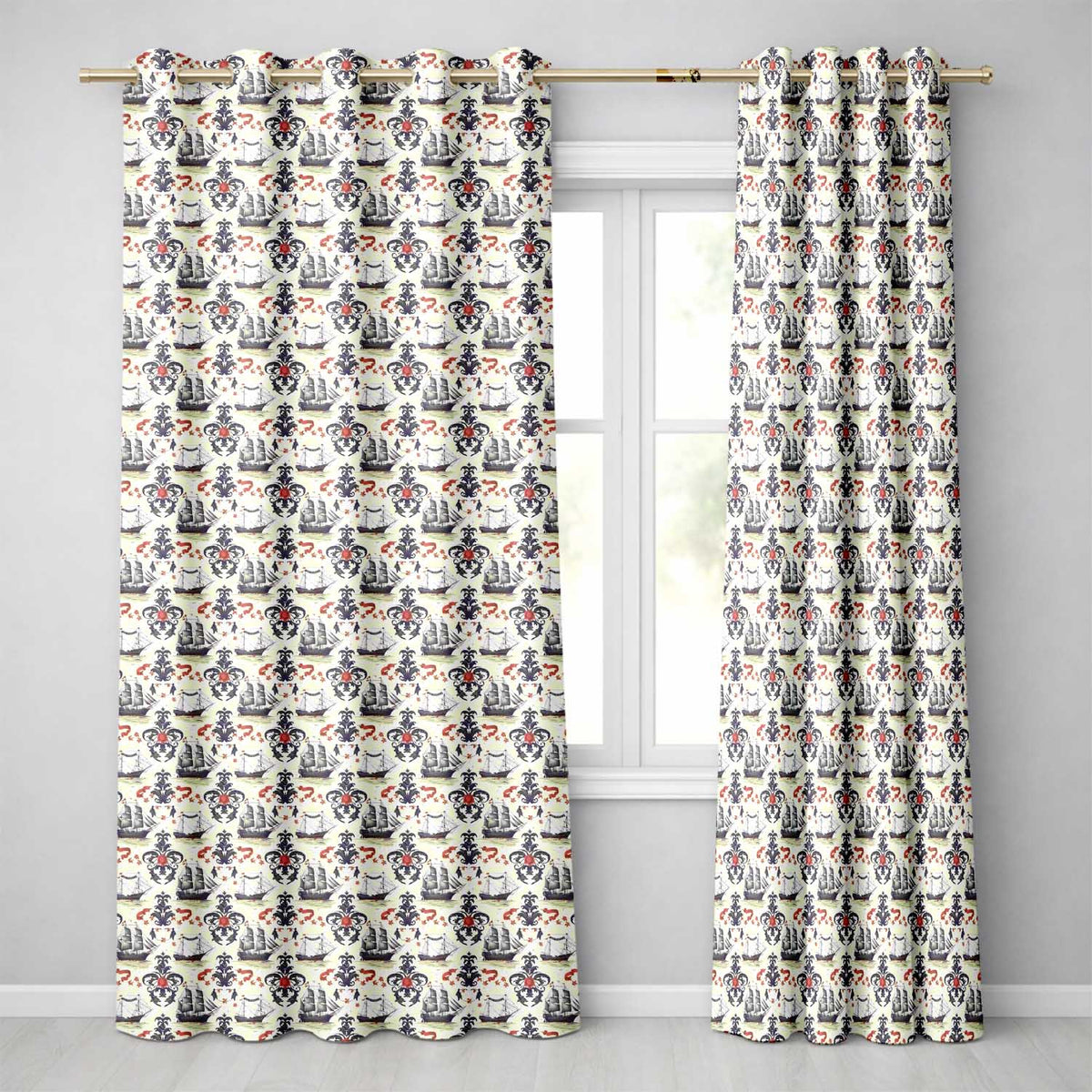 Elegant Nautical Ship Floral Seamless Pattern Vintage Marine Artwork Design Readymade Eyelet Ring Top Thermal 100% Blackout Curtains