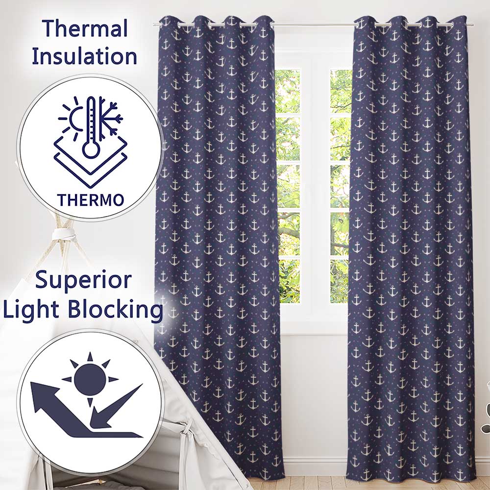 Simple Anchor Star Navy Seamless Pattern Minimal Nautical Ocean Theme Readymade Eyelet Ring Top Thermal 100% Blackout Curtains