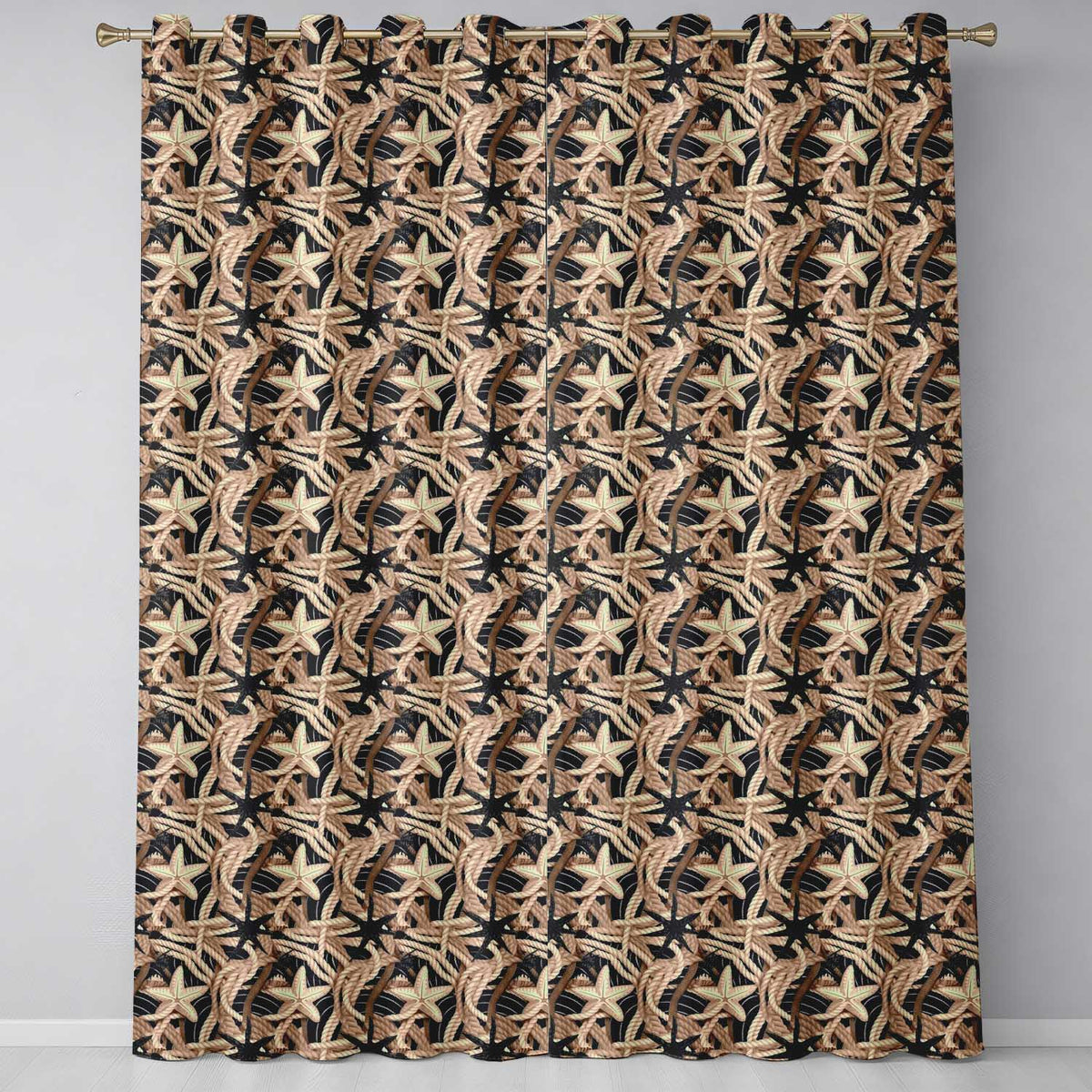 Nautical Rope Starfish Net Seamless Pattern Coastal Beach Marine Theme Readymade Eyelet Ring Top Thermal 100% Blackout Curtains