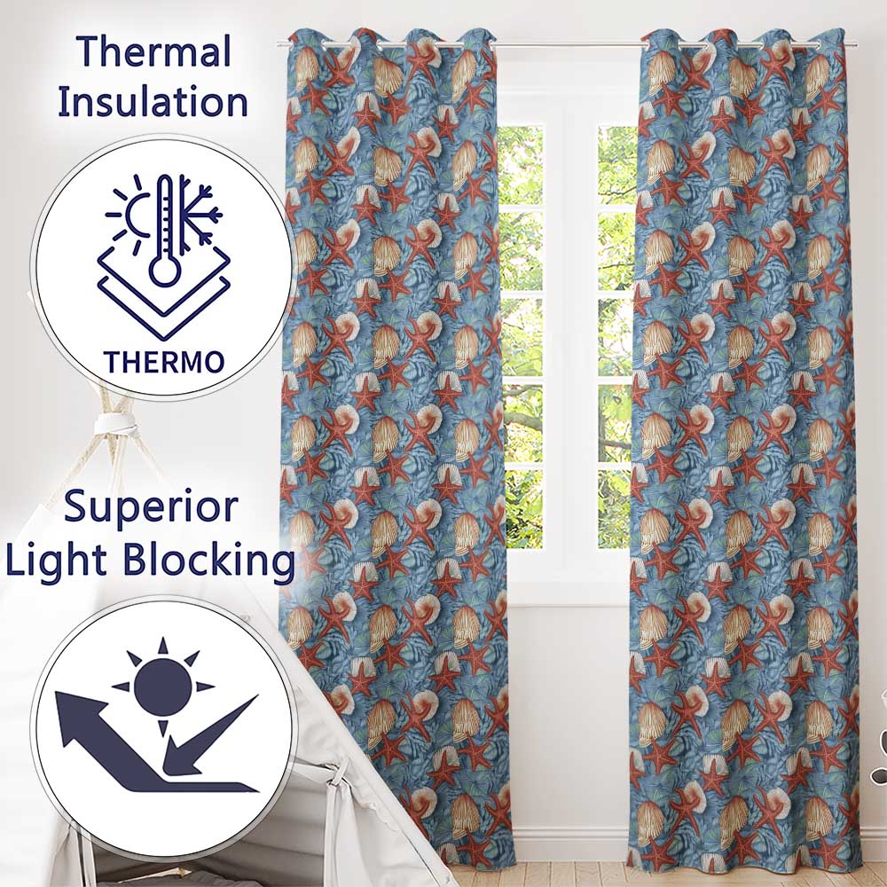 Vintage Seashell Starfish Ocean Seamless Pattern Coastal Marine Life Design Readymade Eyelet Ring Top Thermal 100% Blackout Curtains