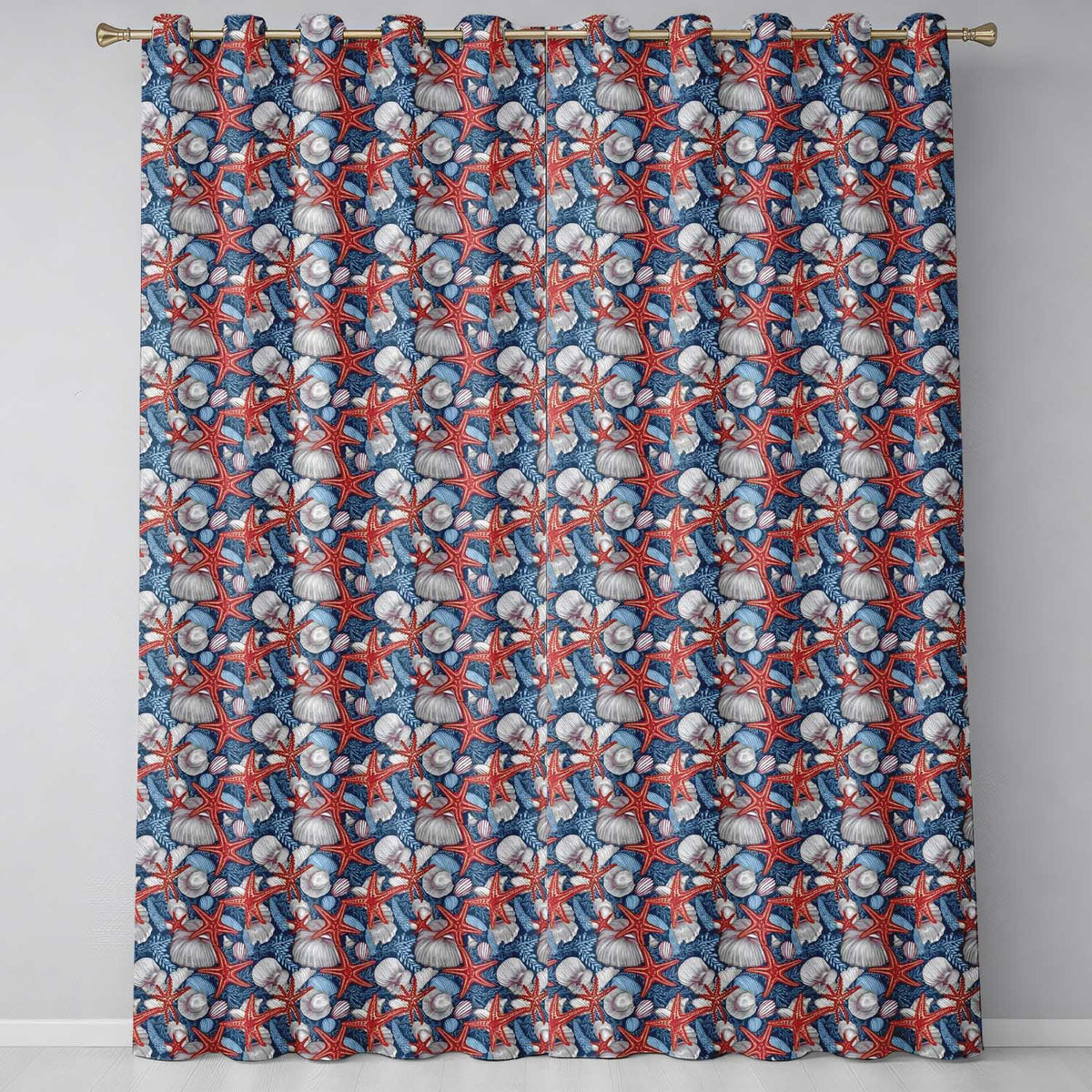 Classic Seashell Starfish Navy Seamless Pattern Coastal Ocean Marine Design Readymade Eyelet Ring Top Thermal 100% Blackout Curtains
