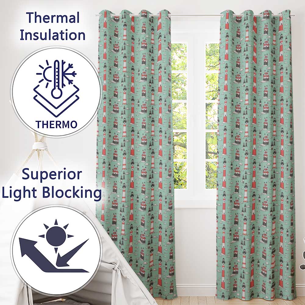 Whimsical Lighthouse Cloud Sky Seamless Pattern Nautical Coastal Scene Readymade Eyelet Ring Top Thermal 100% Blackout Curtains