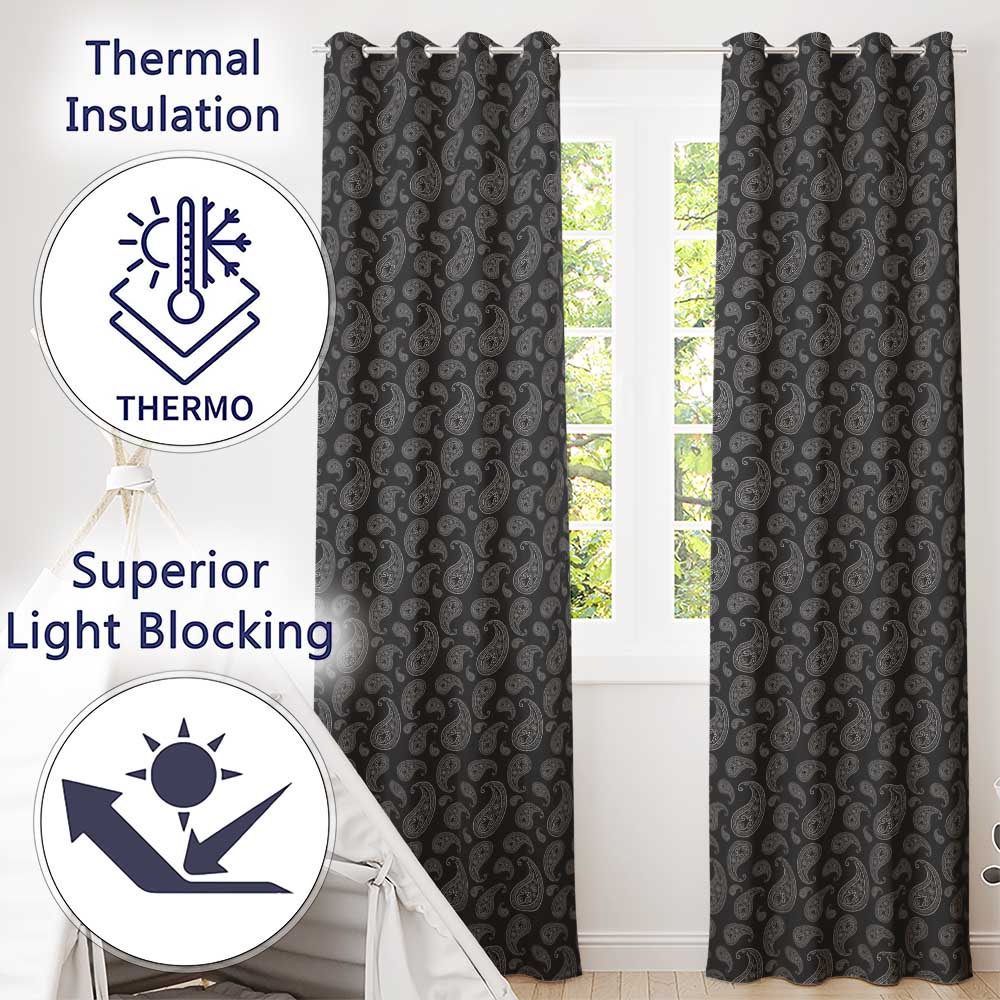 Black White Paisley Bandana Style Seamless Pattern Classic Ornamental Readymade Eyelet Ring Top Thermal 100% Blackout Curtains