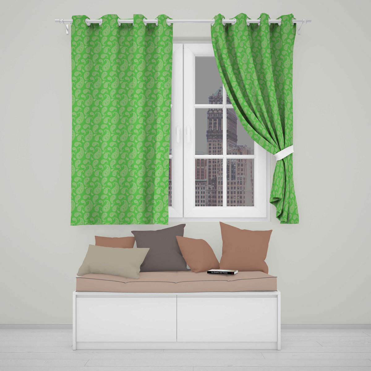 Green Paisley Bandana Floral Ornamental Seamless Pattern Design Readymade Eyelet Ring Top Thermal 100% Blackout Curtains
