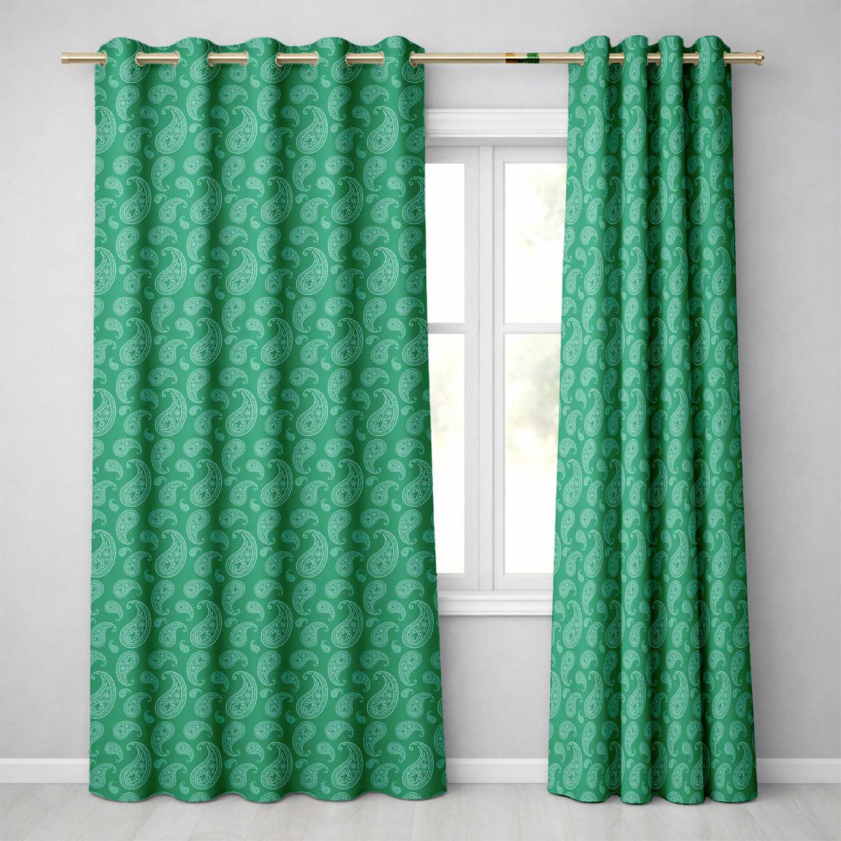 Teal Green Paisley Floral Decorative Seamless Pattern Textile Design Readymade Eyelet Ring Top Thermal 100% Blackout Curtains