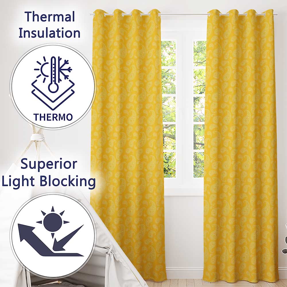 Yellow Paisley Bandana Style Seamless Pattern Ornamental Readymade Eyelet Ring Top Thermal 100% Blackout Curtains