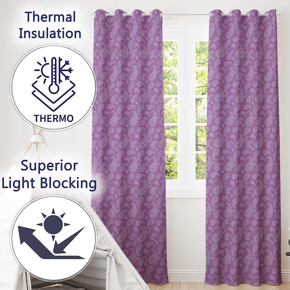 Decorative White Paisley Motif on Soft Lilac Background Seamless Readymade Eyelet Ring Top Thermal 100% Blackout Curtains