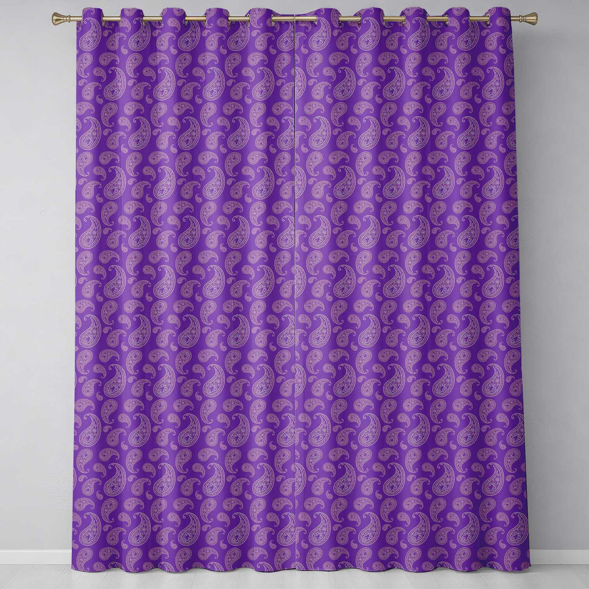 Traditional White Paisley Floral Design on Deep Violet Background Seamless Readymade Eyelet Ring Top Thermal 100% Blackout Curtains