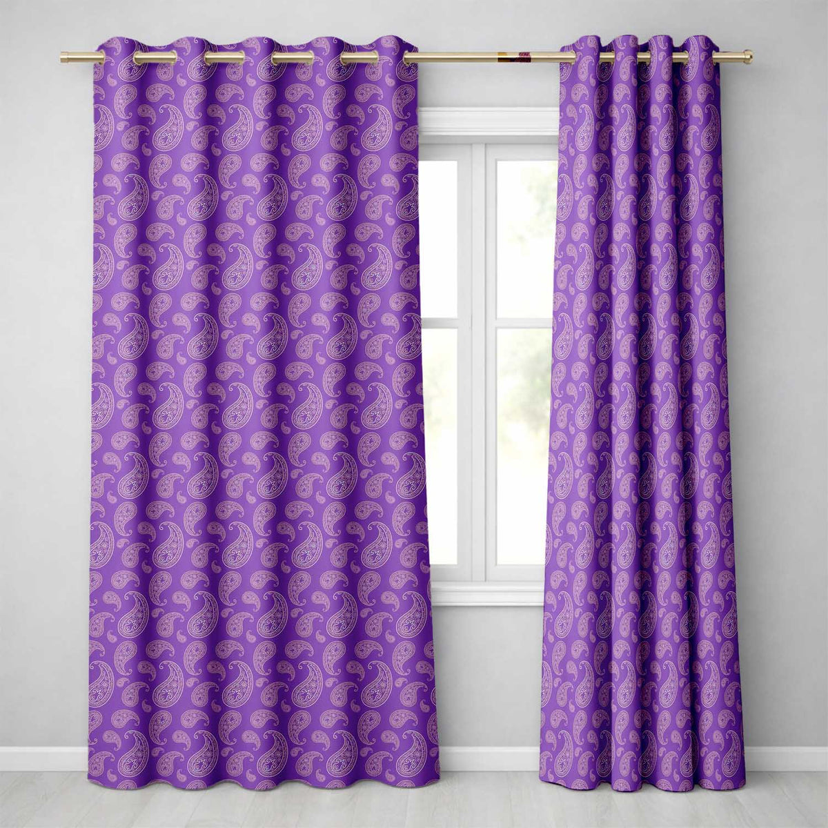 Traditional White Paisley Floral Design on Deep Violet Background Seamless Readymade Eyelet Ring Top Thermal 100% Blackout Curtains