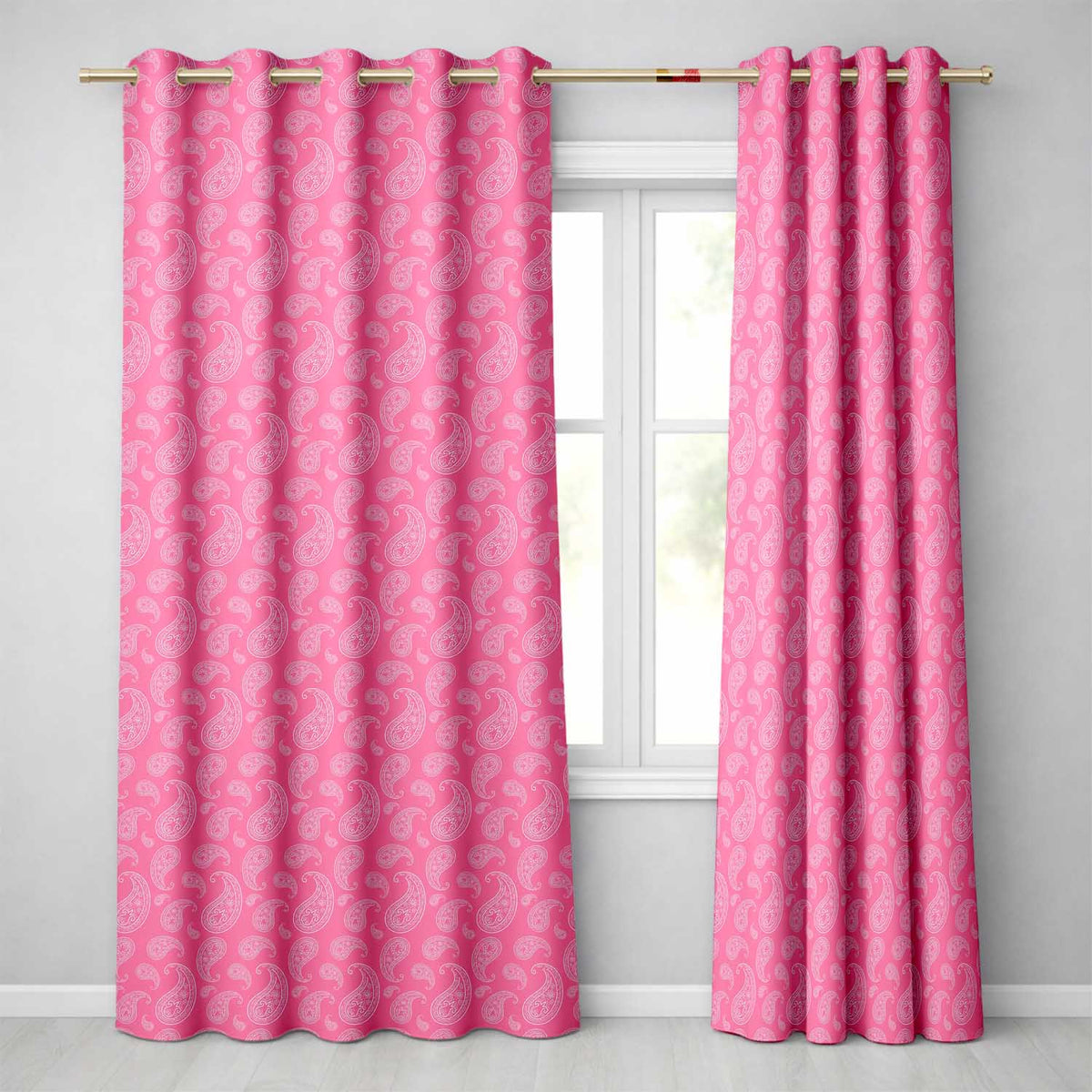 Elegant White Paisley Pattern on Bright Pink Gradient Seamless Readymade Eyelet Ring Top Thermal 100% Blackout Curtains