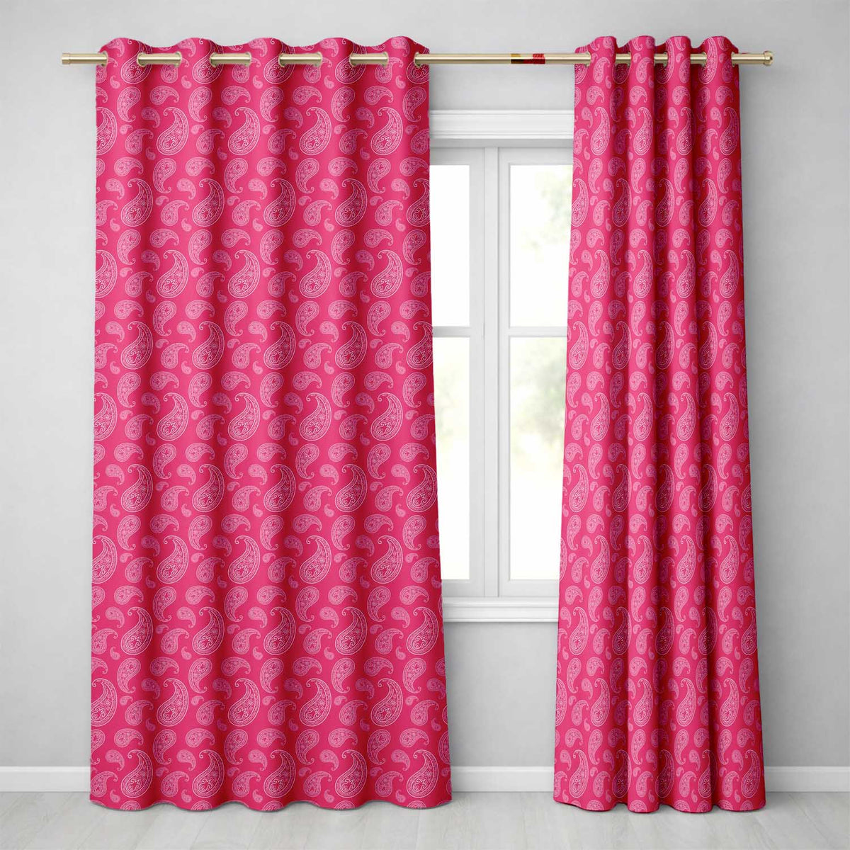 Stylish White Paisley Pattern on Rich Magenta Pink Gradient Seamless Readymade Eyelet Ring Top Thermal 100% Blackout Curtains