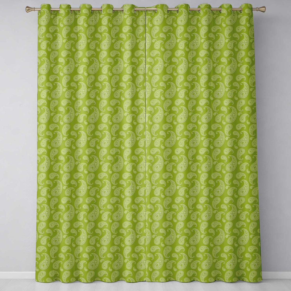 Elegant White Paisley Pattern Olive Green Gradient Background Seamless Readymade Eyelet Ring Top Thermal 100% Blackout Curtains