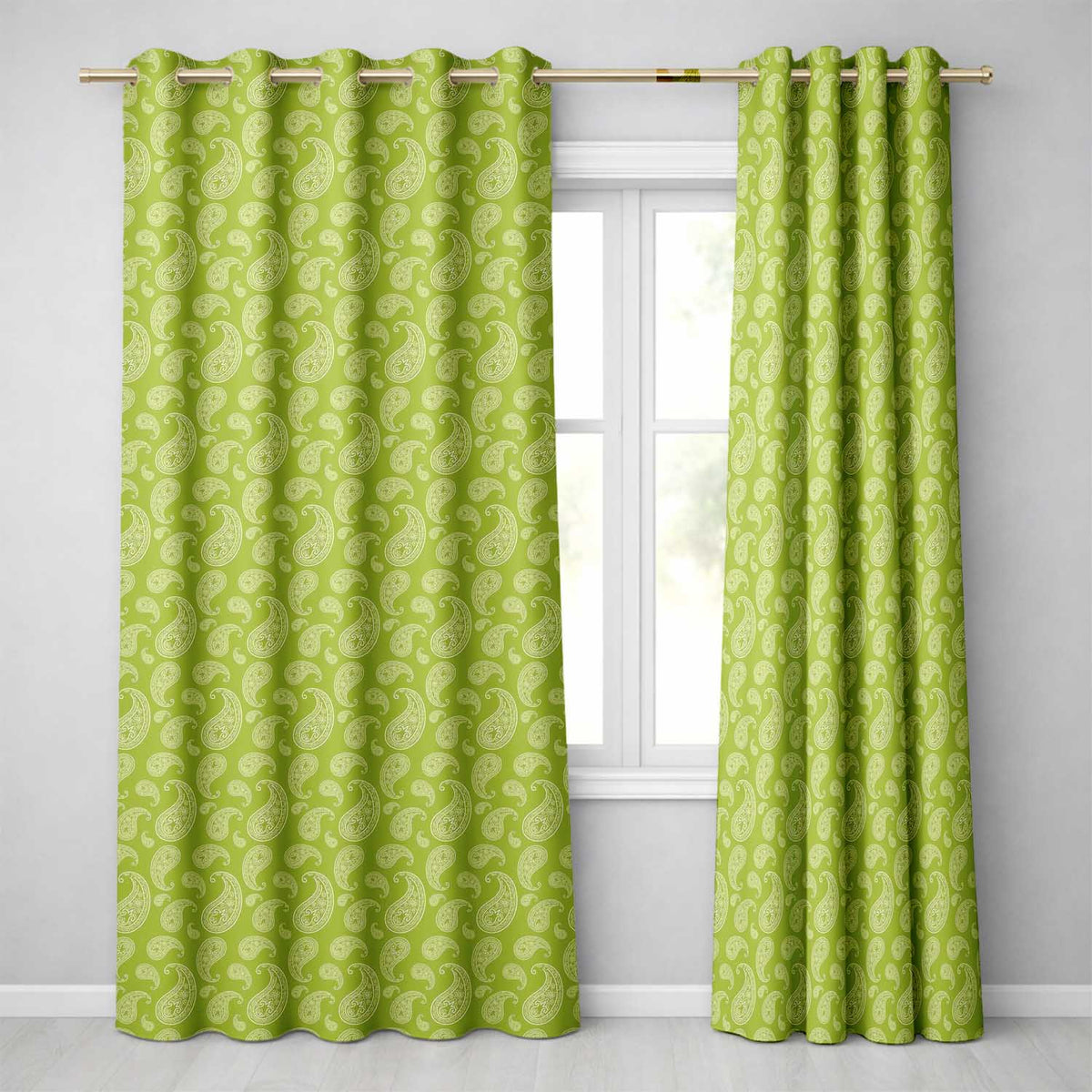Elegant White Paisley Pattern Olive Green Gradient Background Seamless Readymade Eyelet Ring Top Thermal 100% Blackout Curtains