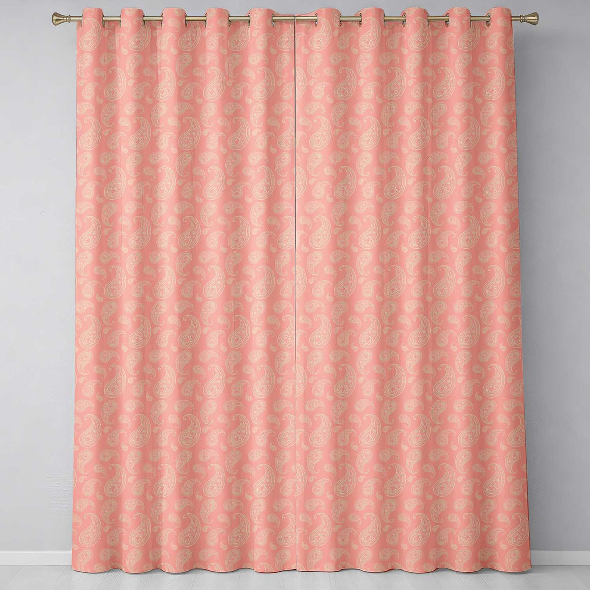 Elegant White Paisley Pattern Soft Peach Gradient Background Seamless Readymade Eyelet Ring Top Thermal 100% Blackout Curtains