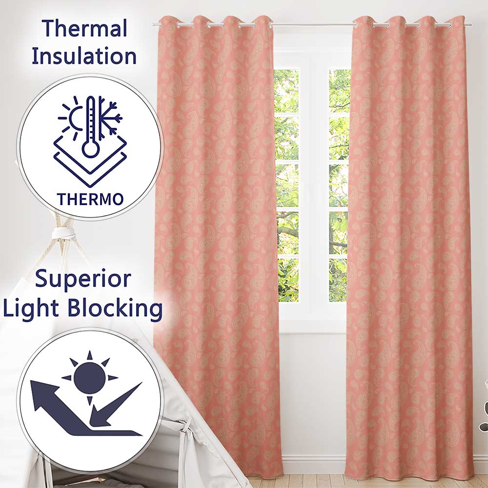 Elegant White Paisley Pattern Soft Peach Gradient Background Seamless Readymade Eyelet Ring Top Thermal 100% Blackout Curtains