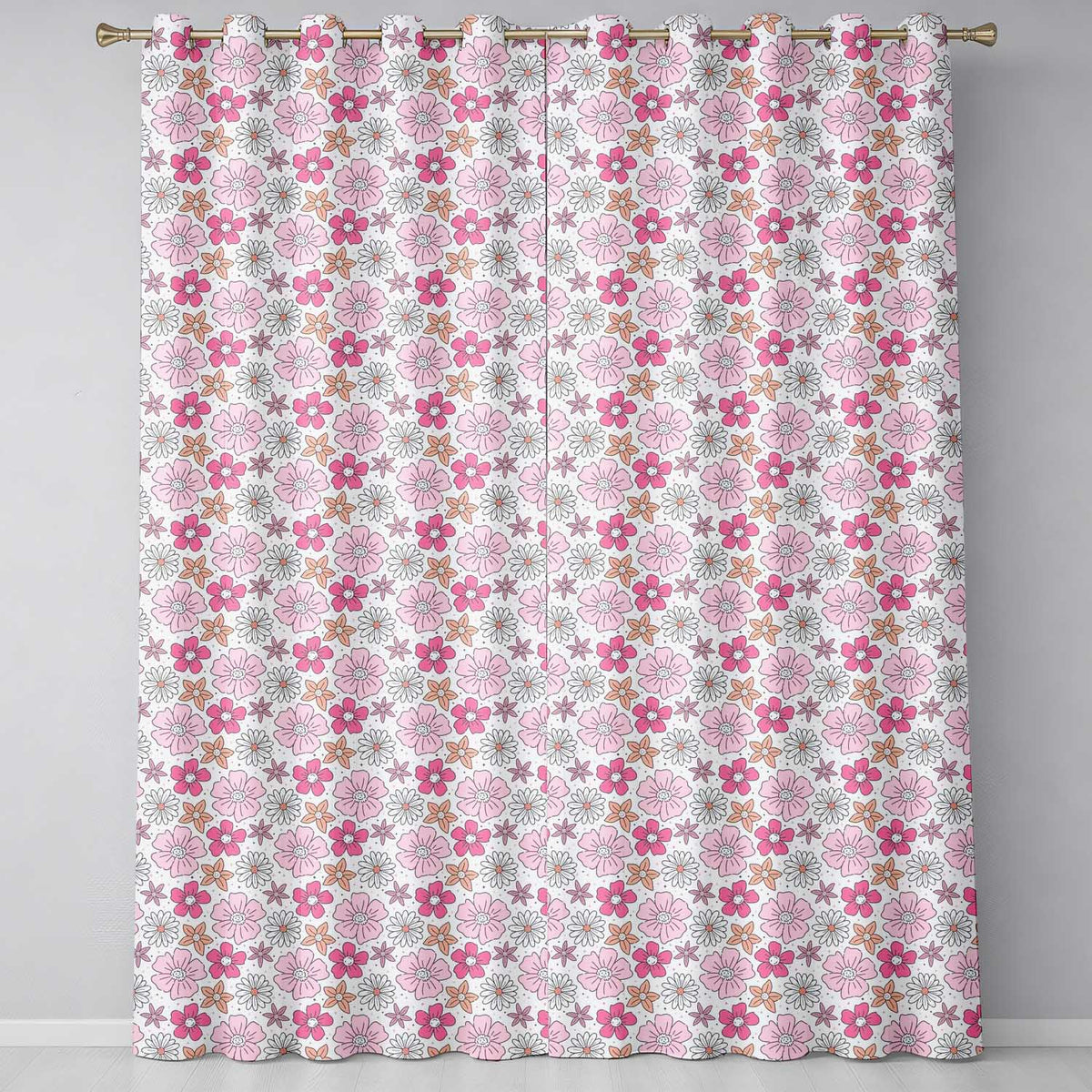 Cute Hand Drawn Floral Ditsy Flowers Pattern Light Neutral Background Seamless Readymade Eyelet Ring Top Thermal 100% Blackout Curtains
