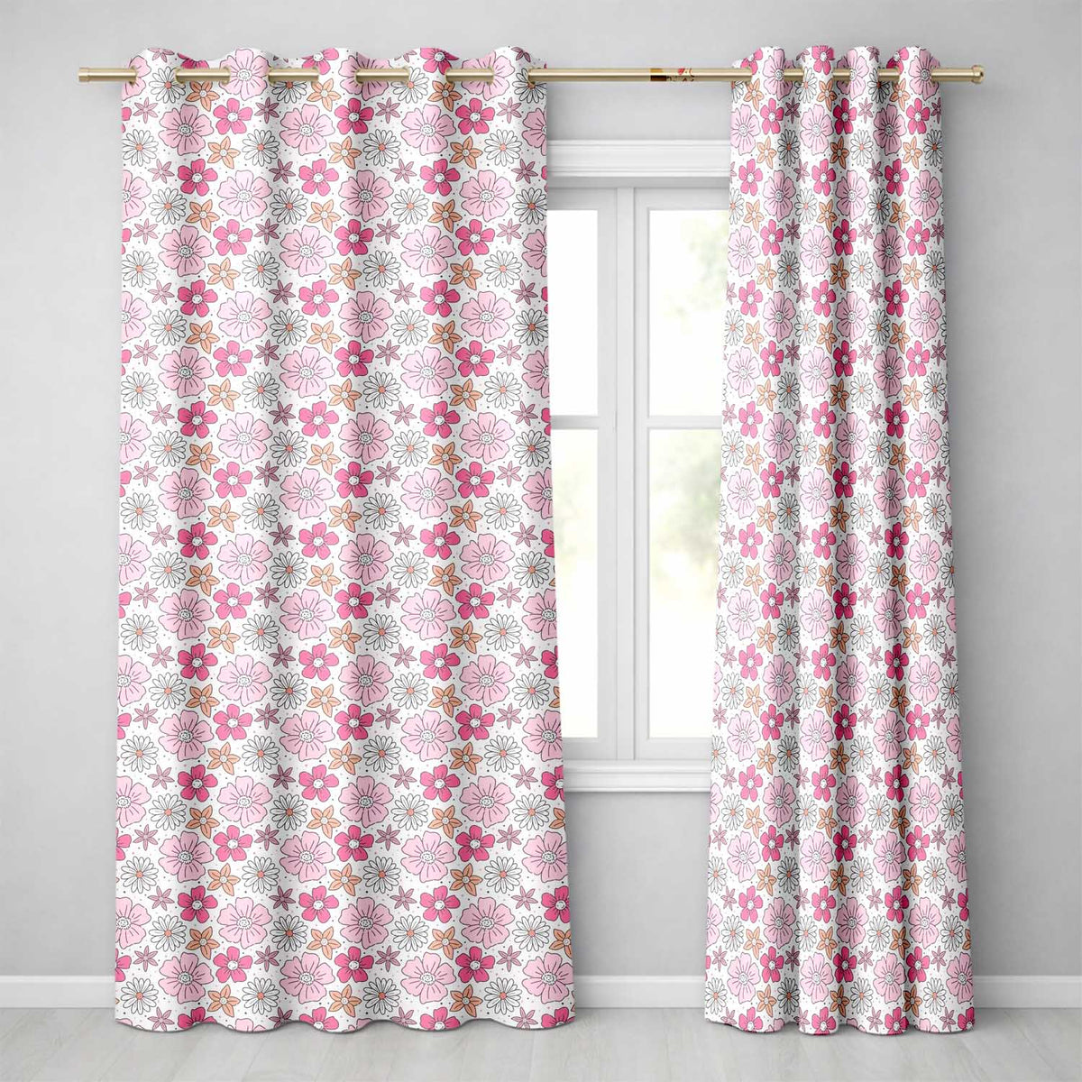 Cute Hand Drawn Floral Ditsy Flowers Pattern Light Neutral Background Seamless Readymade Eyelet Ring Top Thermal 100% Blackout Curtains