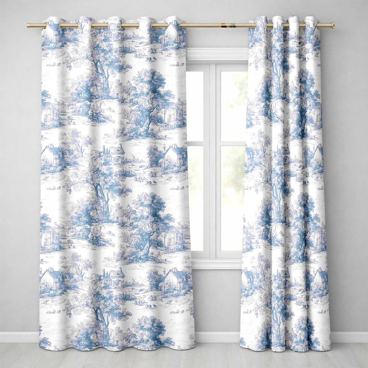 Vintage Toile Countryside Scenic Pattern Classic Blue and White Seamless Readymade Eyelet Ring Top Thermal 100% Blackout Curtains