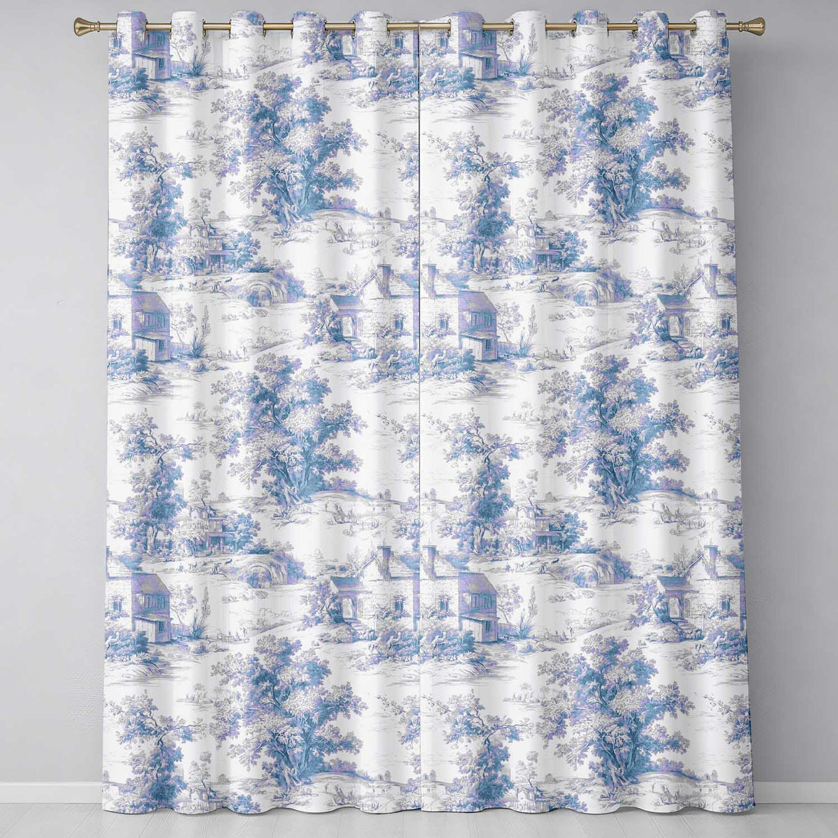 Vintage Toile Pastoral Landscape Pattern Detailed Blue and White Seamless Readymade Eyelet Ring Top Thermal 100% Blackout Curtains