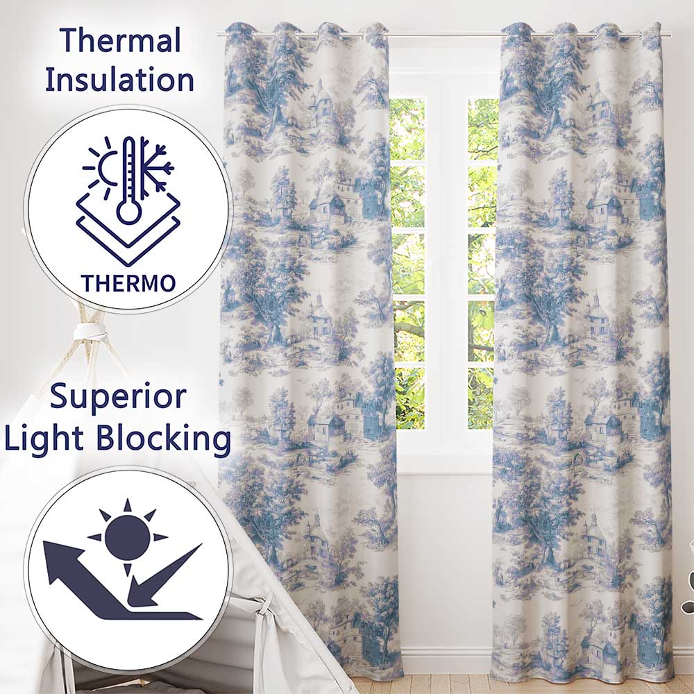 Vintage Toile Countryside Cottage Scene Blue White Seamless Pattern Readymade Eyelet Ring Top Thermal 100% Blackout Curtains