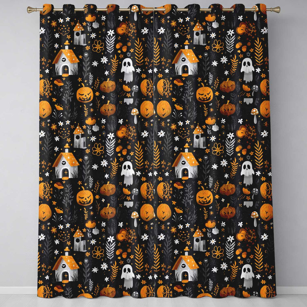 Halloween Cute Ghost House Floral Night Seamless Pattern Readymade Eyelet Ring Top Thermal 100% Blackout Curtains