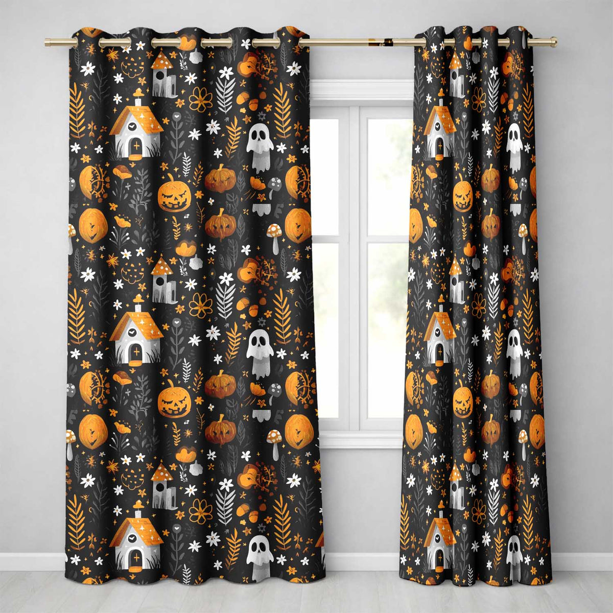 Halloween Cute Ghost House Floral Night Seamless Pattern Readymade Eyelet Ring Top Thermal 100% Blackout Curtains