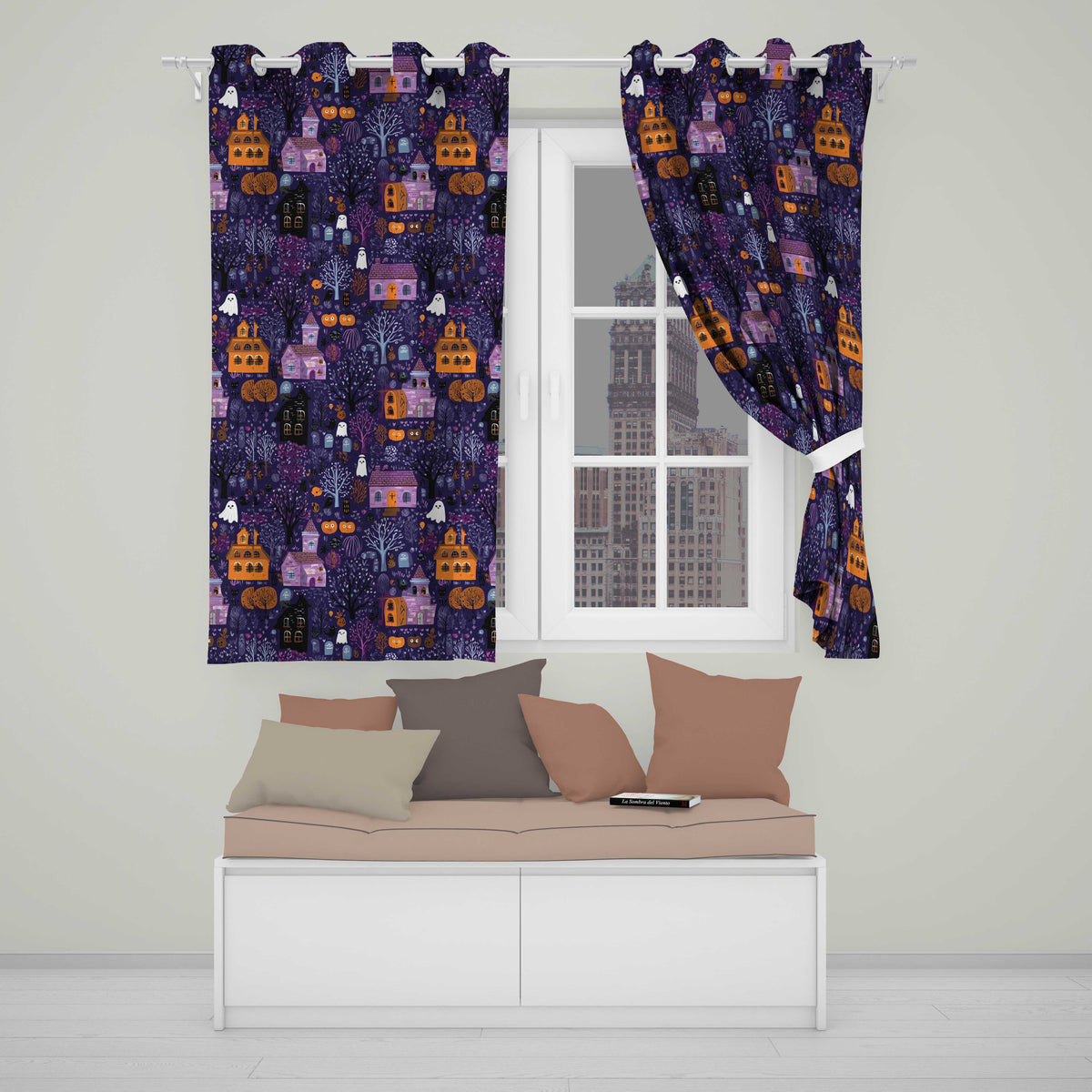Haunted Village Purple Night Halloween Seamless Pattern Readymade Eyelet Ring Top Thermal 100% Blackout Curtains