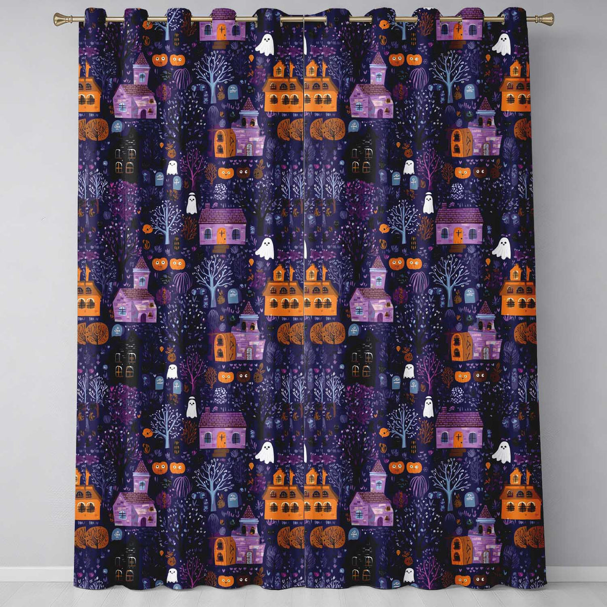 Haunted Village Purple Night Halloween Seamless Pattern Readymade Eyelet Ring Top Thermal 100% Blackout Curtains