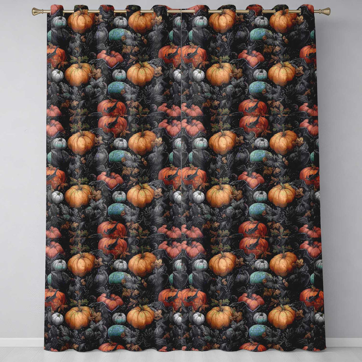 Vintage Pumpkin Bats Botanical Night Seamless Pattern Readymade Eyelet Ring Top Thermal 100% Blackout Curtains