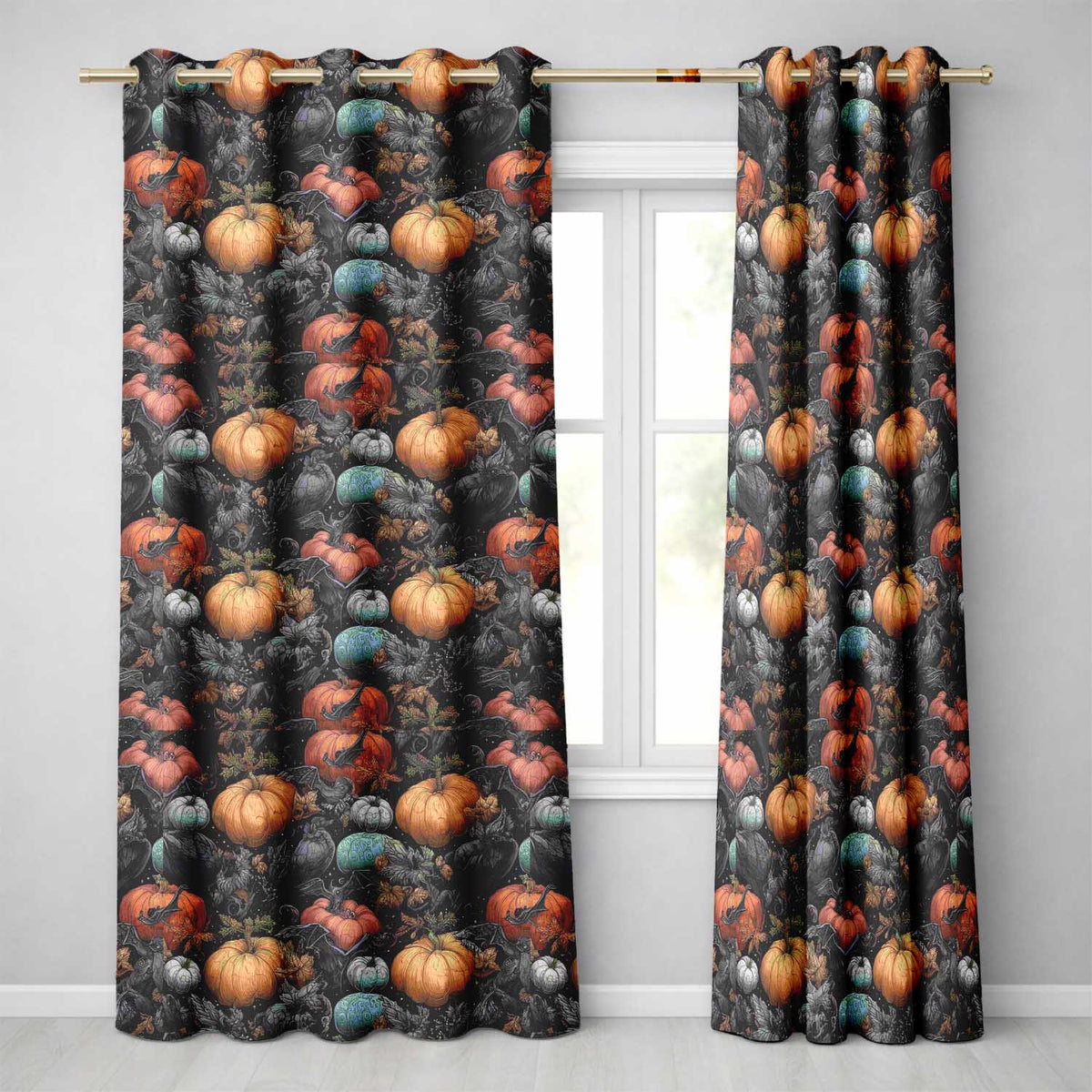Vintage Pumpkin Bats Botanical Night Seamless Pattern Readymade Eyelet Ring Top Thermal 100% Blackout Curtains