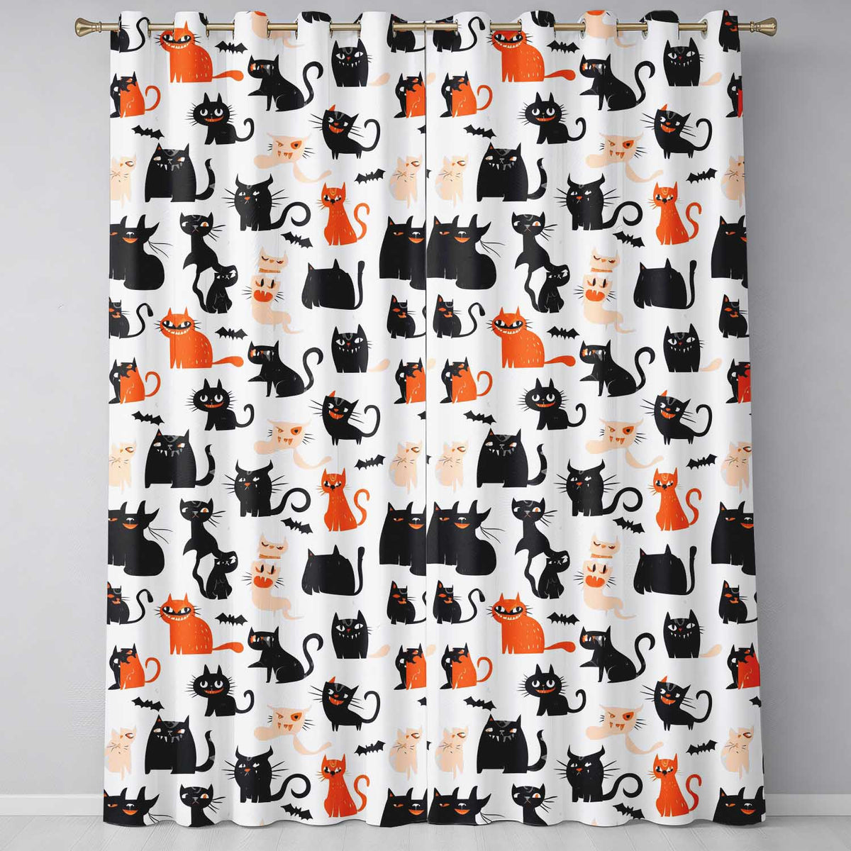 Cute Halloween Black Cats Orange Accents Seamless Pattern Readymade Eyelet Ring Top Thermal 100% Blackout Curtains
