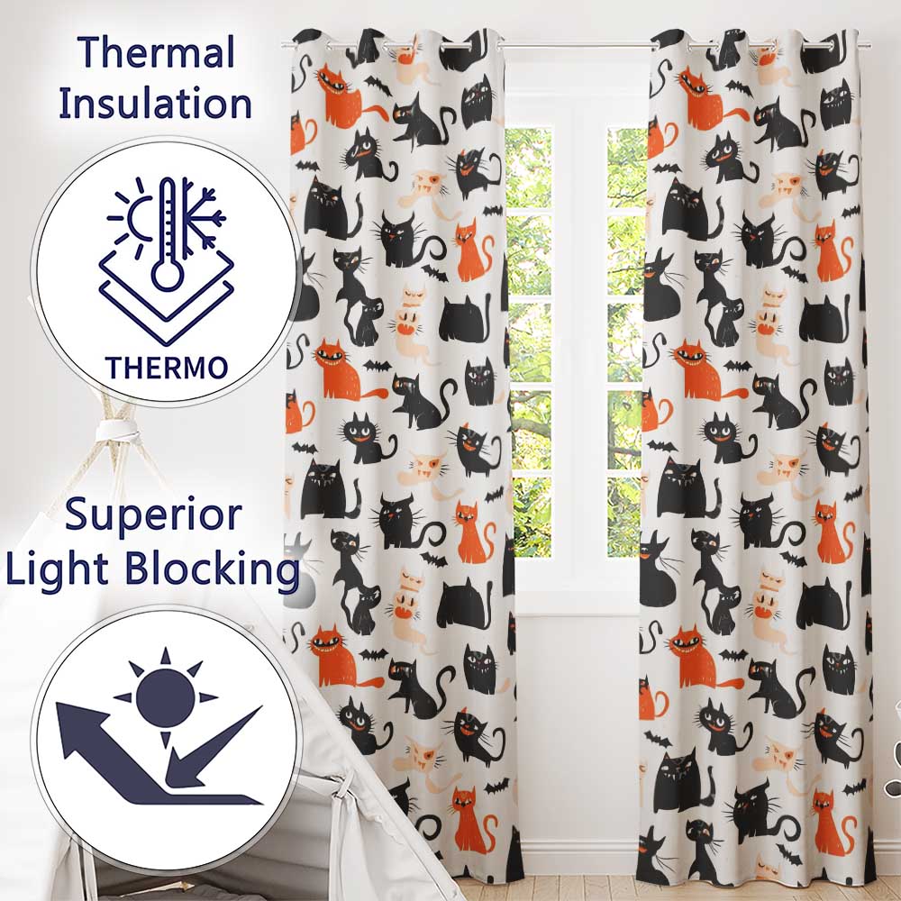 Cute Halloween Black Cats Orange Accents Seamless Pattern Readymade Eyelet Ring Top Thermal 100% Blackout Curtains