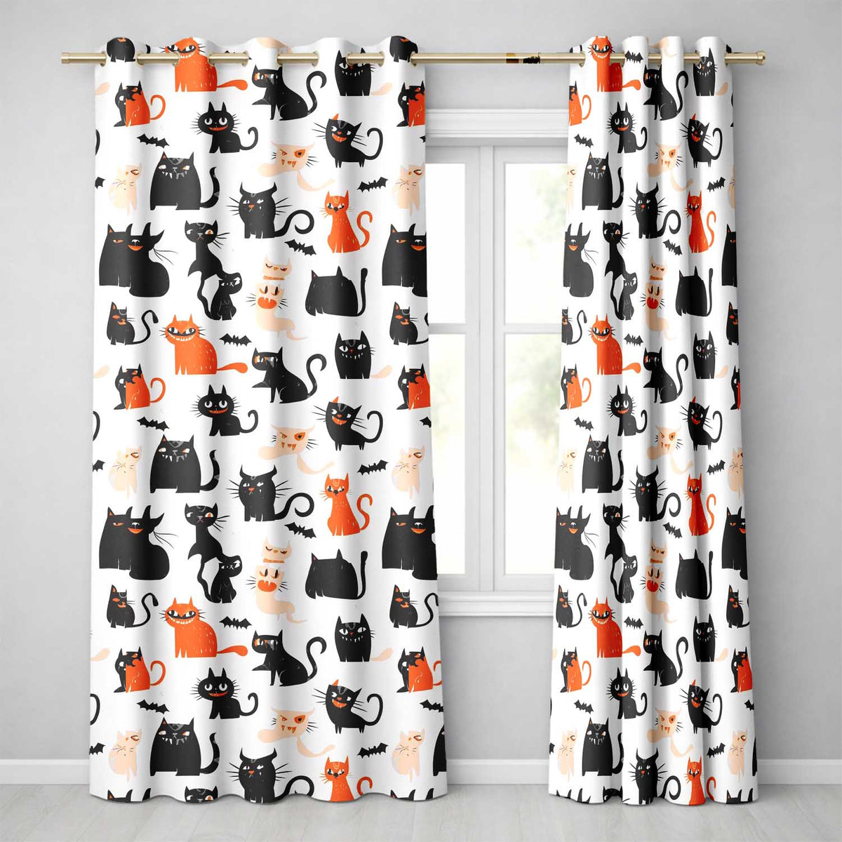 Cute Halloween Black Cats Orange Accents Seamless Pattern Readymade Eyelet Ring Top Thermal 100% Blackout Curtains