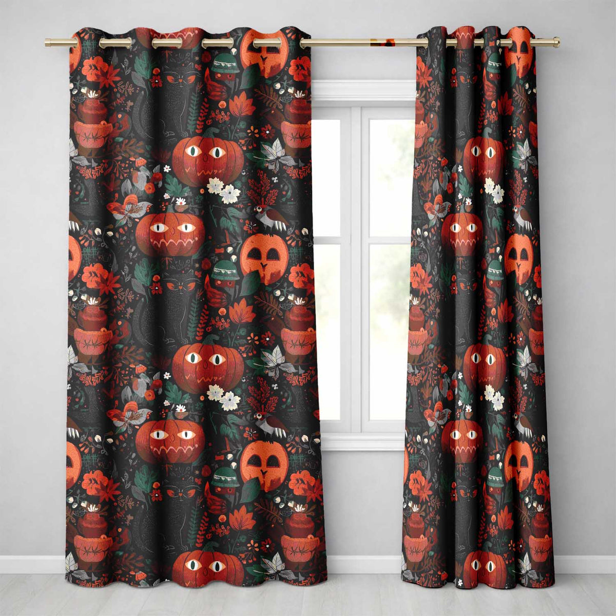 Halloween Black Cat Pumpkin Autumn Leaves Seamless Pattern Readymade Eyelet Ring Top Thermal 100% Blackout Curtains