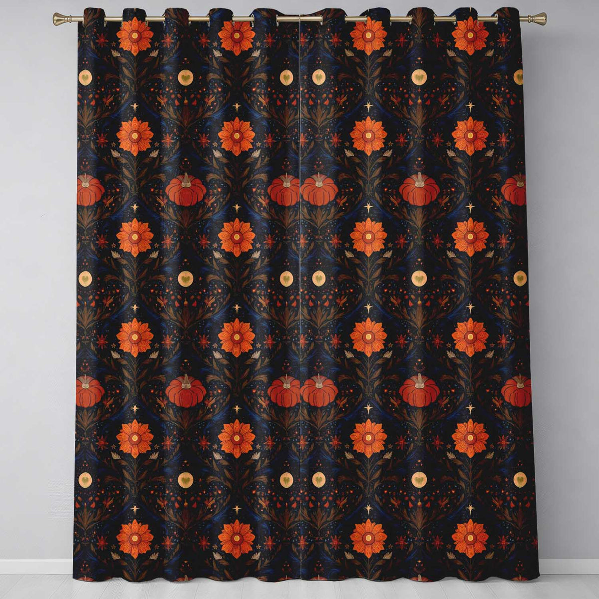Mystic Night Floral Star Moon Botanical Seamless Pattern Readymade Eyelet Ring Top Thermal 100% Blackout Curtains
