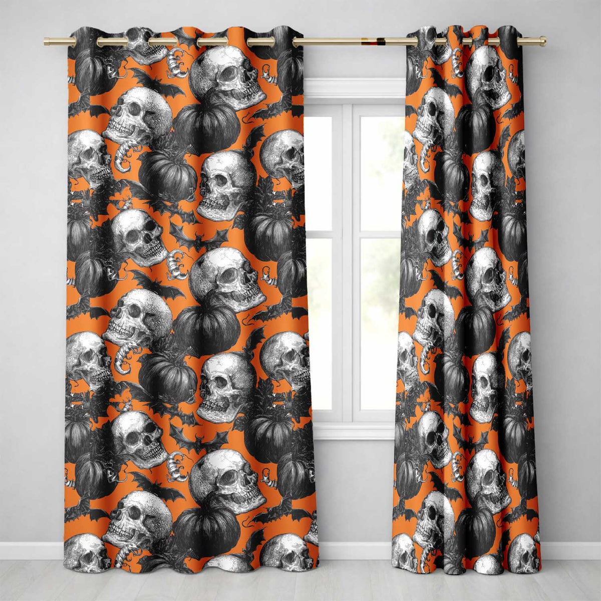 Halloween Skull Bat Pumpkin Orange Background Seamless Pattern Readymade Eyelet Ring Top Thermal 100% Blackout Curtains