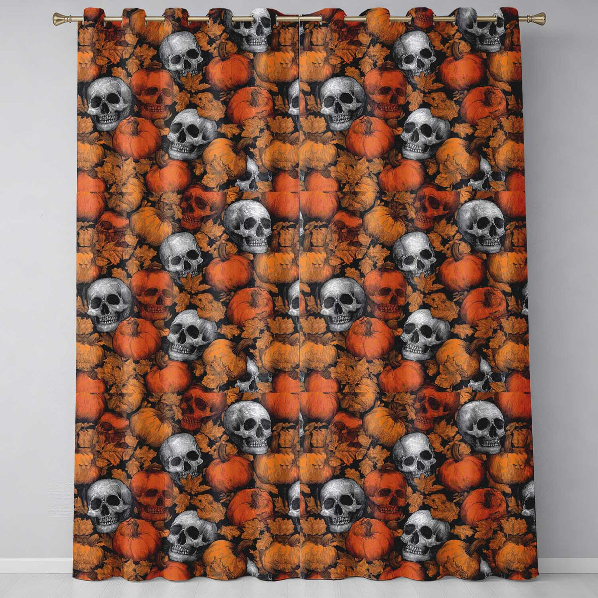 Autumn Skull Pumpkin Leaves Vintage Engraving Seamless Pattern Readymade Eyelet Ring Top Thermal 100% Blackout Curtains
