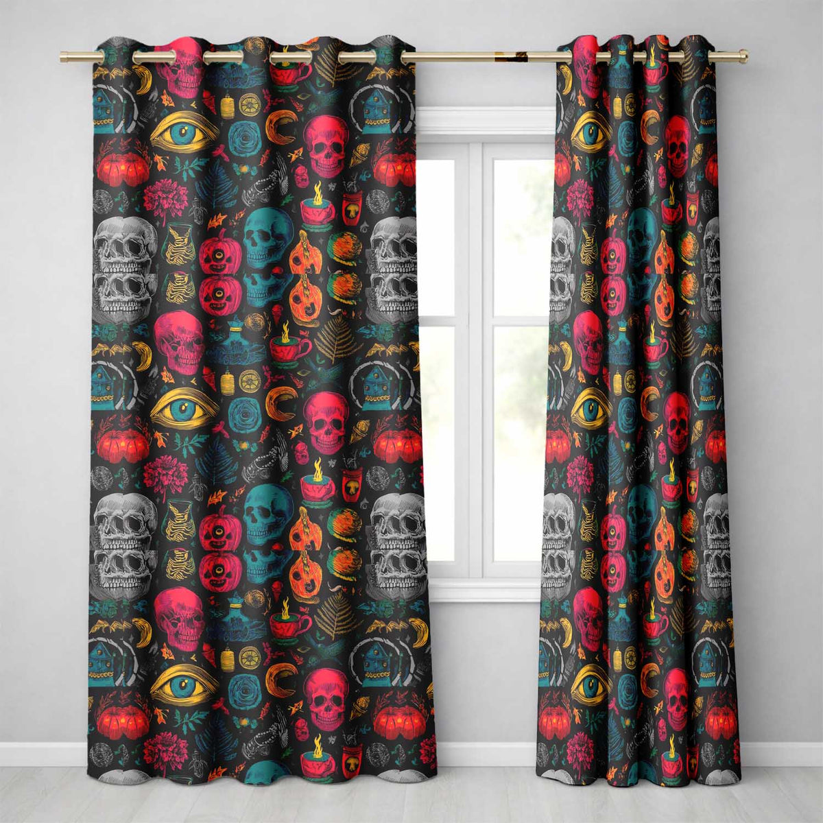 Spooky Halloween Symbols Skull Eye Witchy Seamless Pattern Readymade Eyelet Ring Top Thermal 100% Blackout Curtains