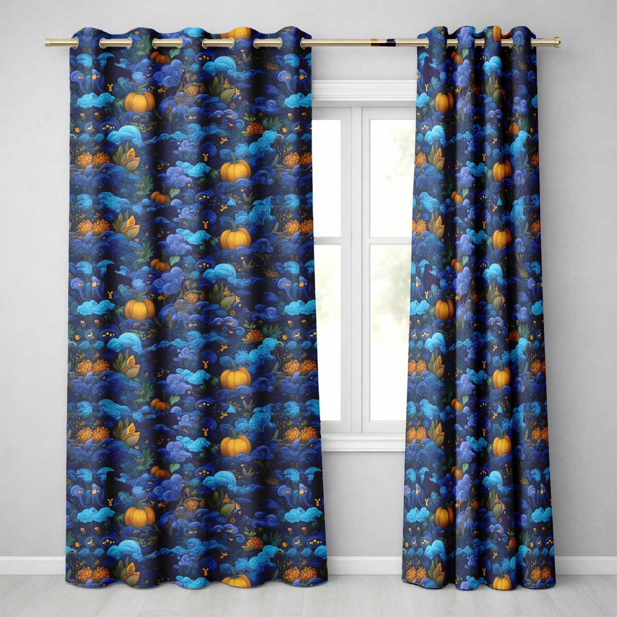 Abstract Blue Pumpkin Fantasy Landscape Seamless Pattern Readymade Eyelet Ring Top Thermal 100% Blackout Curtains